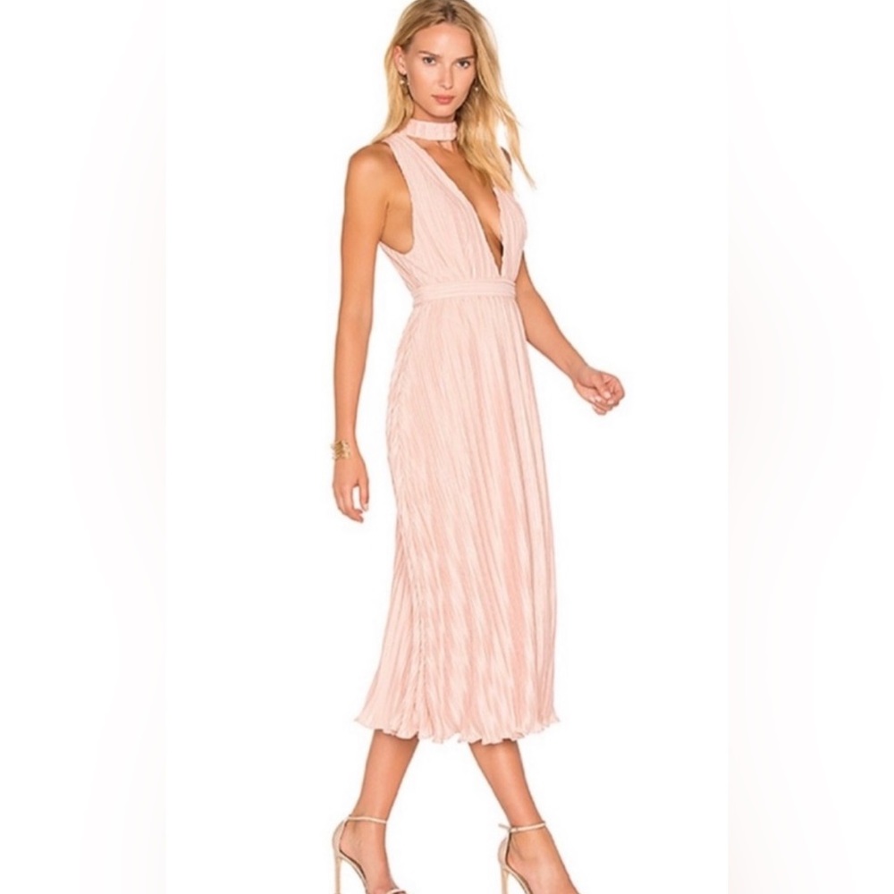 NBD Plunging Neckline Pleated Pale Pink Midi Dress